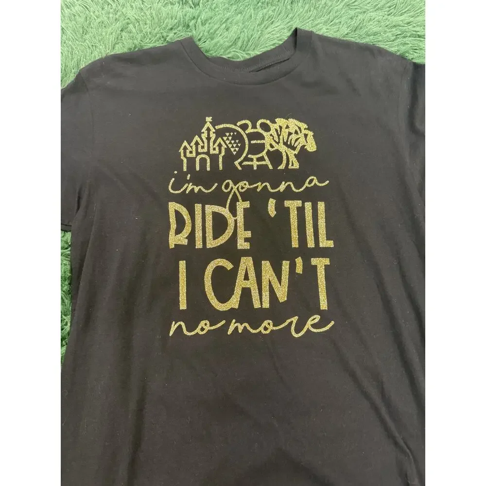 Next Level Apparel Black Gold Glitter Disney Ride 'Til I Can't Tee T-Shirt Small - Picture 2 of 5
